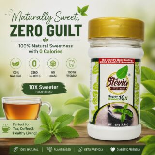 Stevia natural sweetener jar with zero calories and 10x sweetness