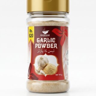 Khoraak Foods Pure Garlic Powder 100g jar made from premium quality garlic with rich aroma and authentic flavor.