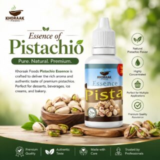 Khoraak Foods Pista Essence, a concentrated pistachio flavoring essence for desserts, bakery items, beverages, ice cream, and sweet recipes.