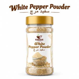Khoraak Foods White Pepper Powder premium quality finely ground white pepper in a sealed jar.