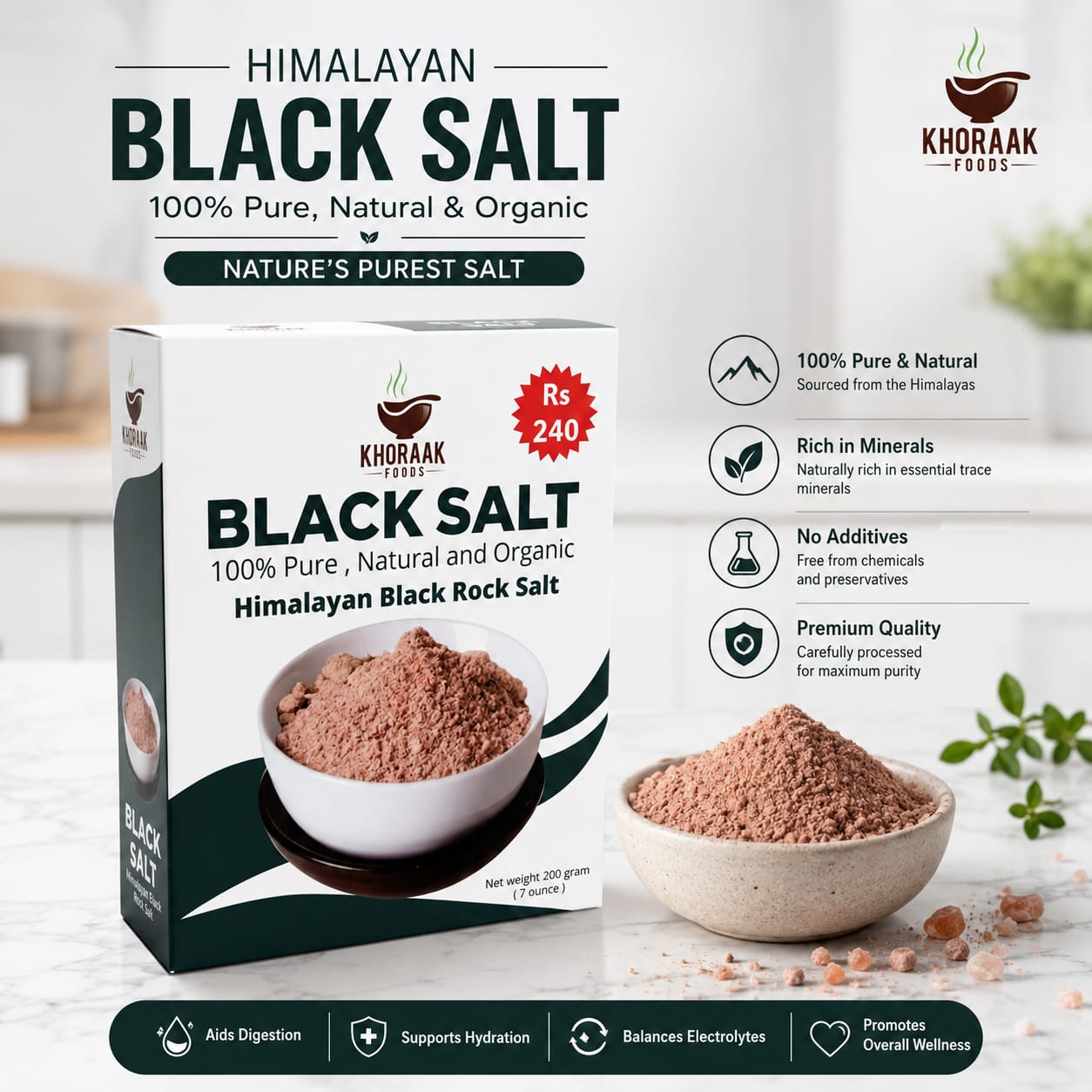Khoraak Foods Black Table Salt 200g Premium Fine Mesh Kala Namak