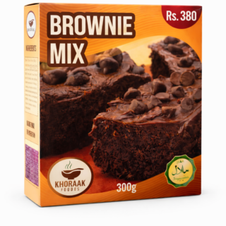 Chocolate brownie mix box by Khoraak Foodes with rich fudgy brownie pieces and price Rs. 380 on packaging