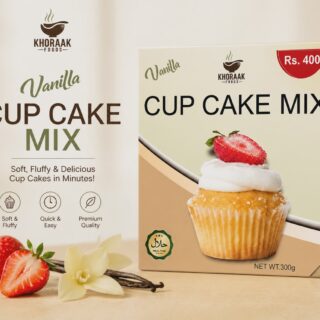 Khoraak Foods Vanilla Cup Cake Mix box with soft fluffy cupcake image