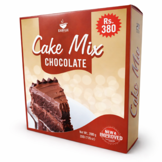 Chocolate cake mix box with rich layered cake slice and price Rs. 380 on premium Box