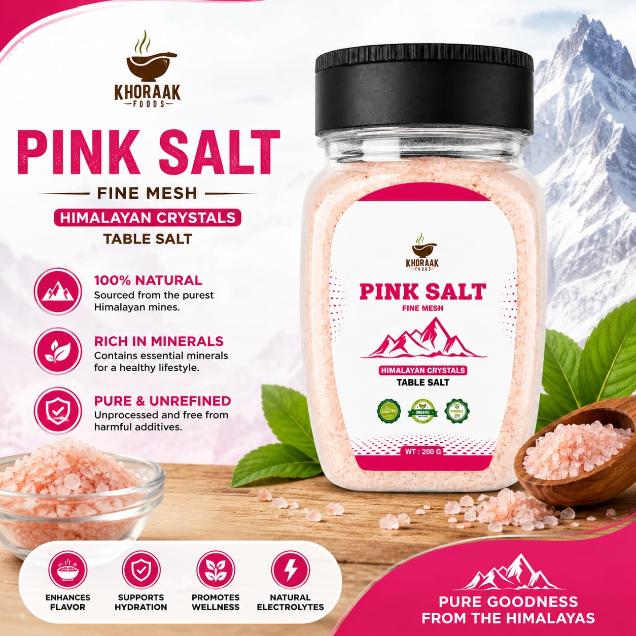 Khoraak Foods Pink Table Salt 200g Premium Himalayan Fine Mesh Salt with Free Dispenser Jar