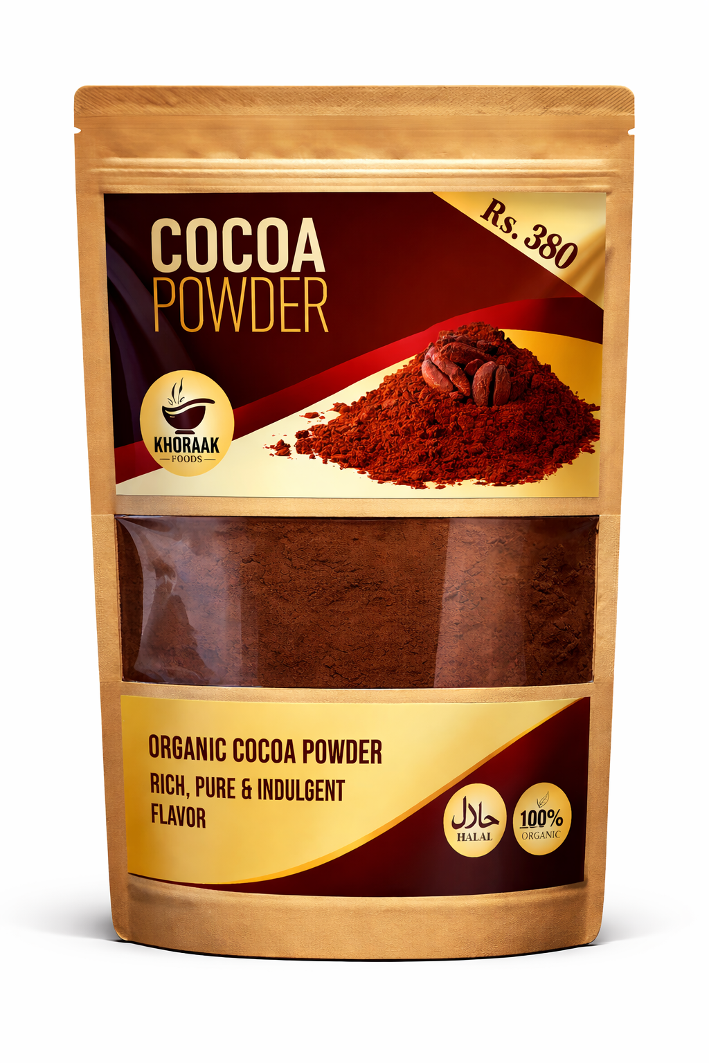 Khoraak Foods Organic Cocoa Powder pouch 200g with price Rs.380 premium baking cocoa Pakistan