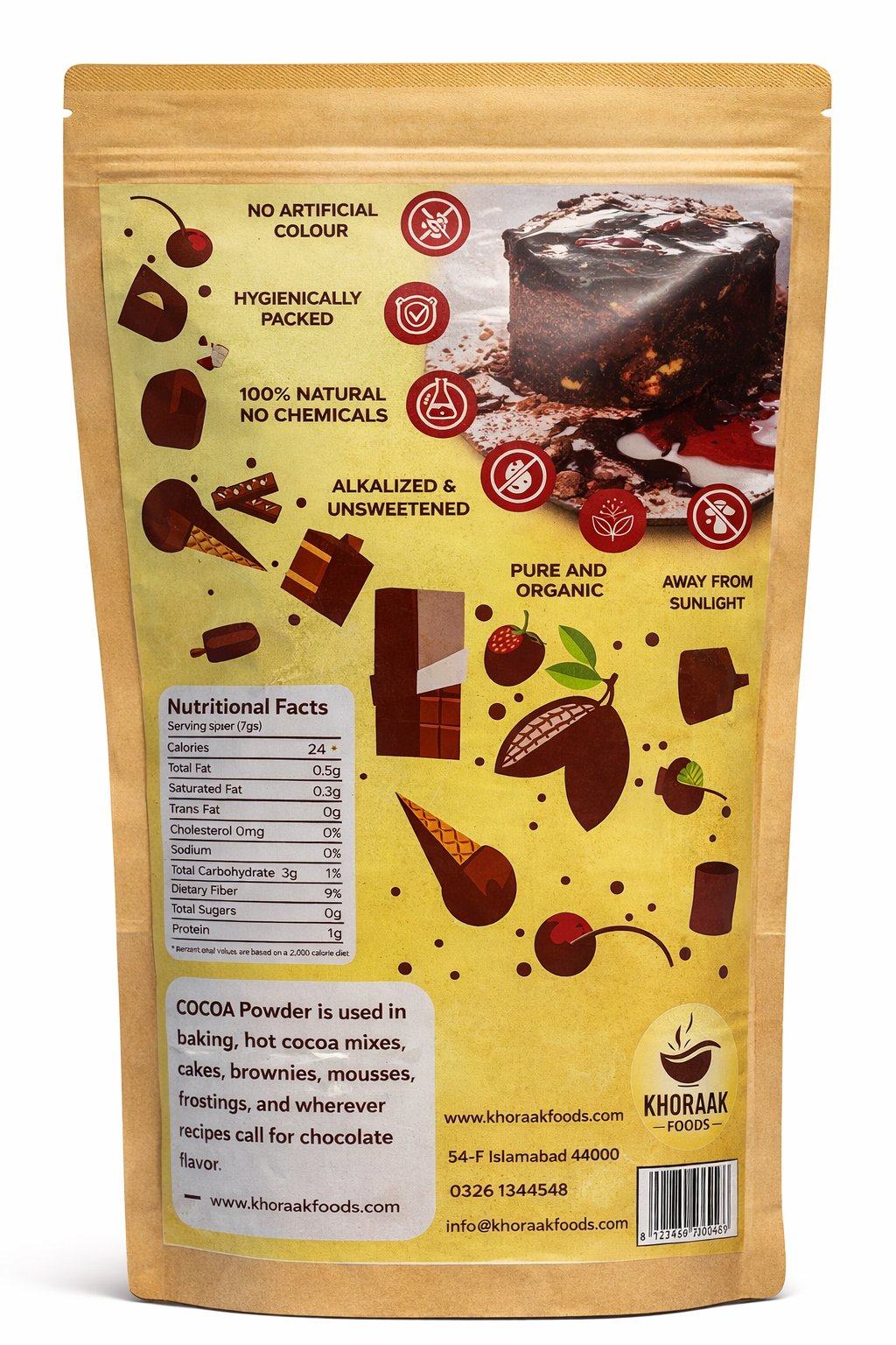 Khoraak Foods Organic Cocoa Powder pouch 200g with price Rs.380 premium baking cocoa Pakistan