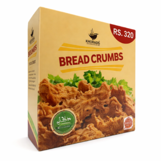 Bread crumbs box packaging with crispy coating texture image and price Rs 320 for cooking and frying use