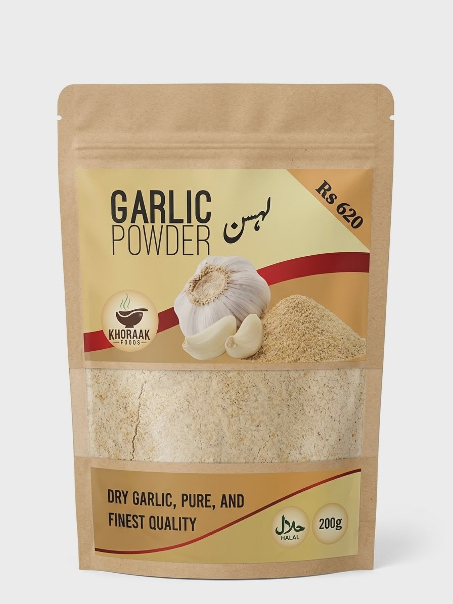 Garlic powder pouch with fresh garlic cloves