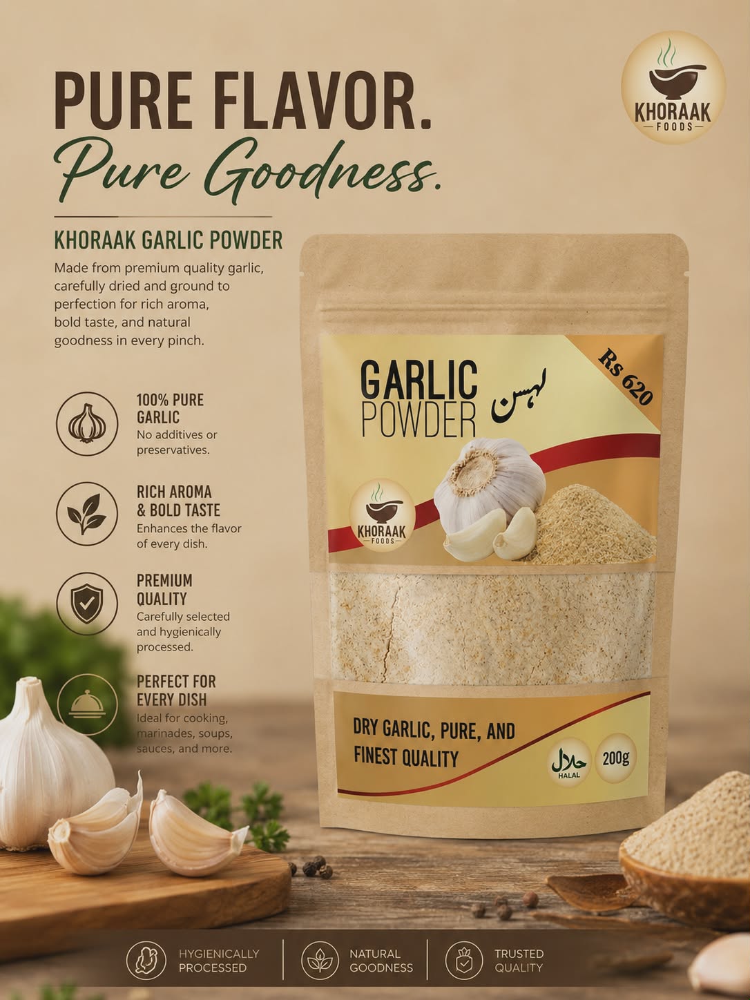 Garlic powder pouch with fresh garlic cloves