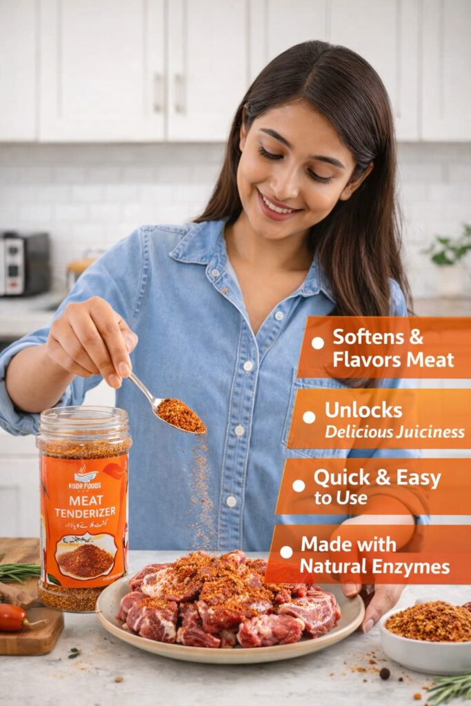 Meat tenderizer with raw meat and spices for cooking