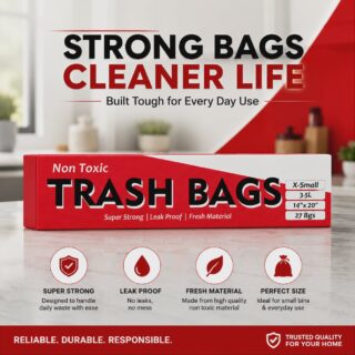 Box of Non Toxic Trash Bags X-Small 3.5L with 27 leak proof and super strong garbage bags for everyday household use.