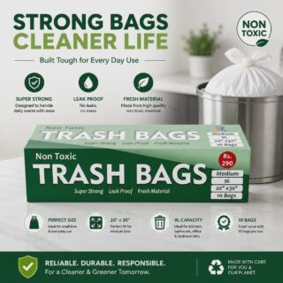 Non Toxic Trash Bags Medium 9L with 10 super strong and leak proof garbage bags for kitchen, bathroom, and office bins.
