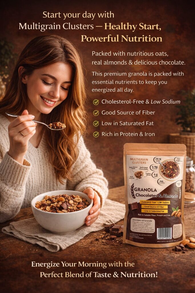 multigrain granola clusters crunchy oats almonds chocolate energy breakfast food
