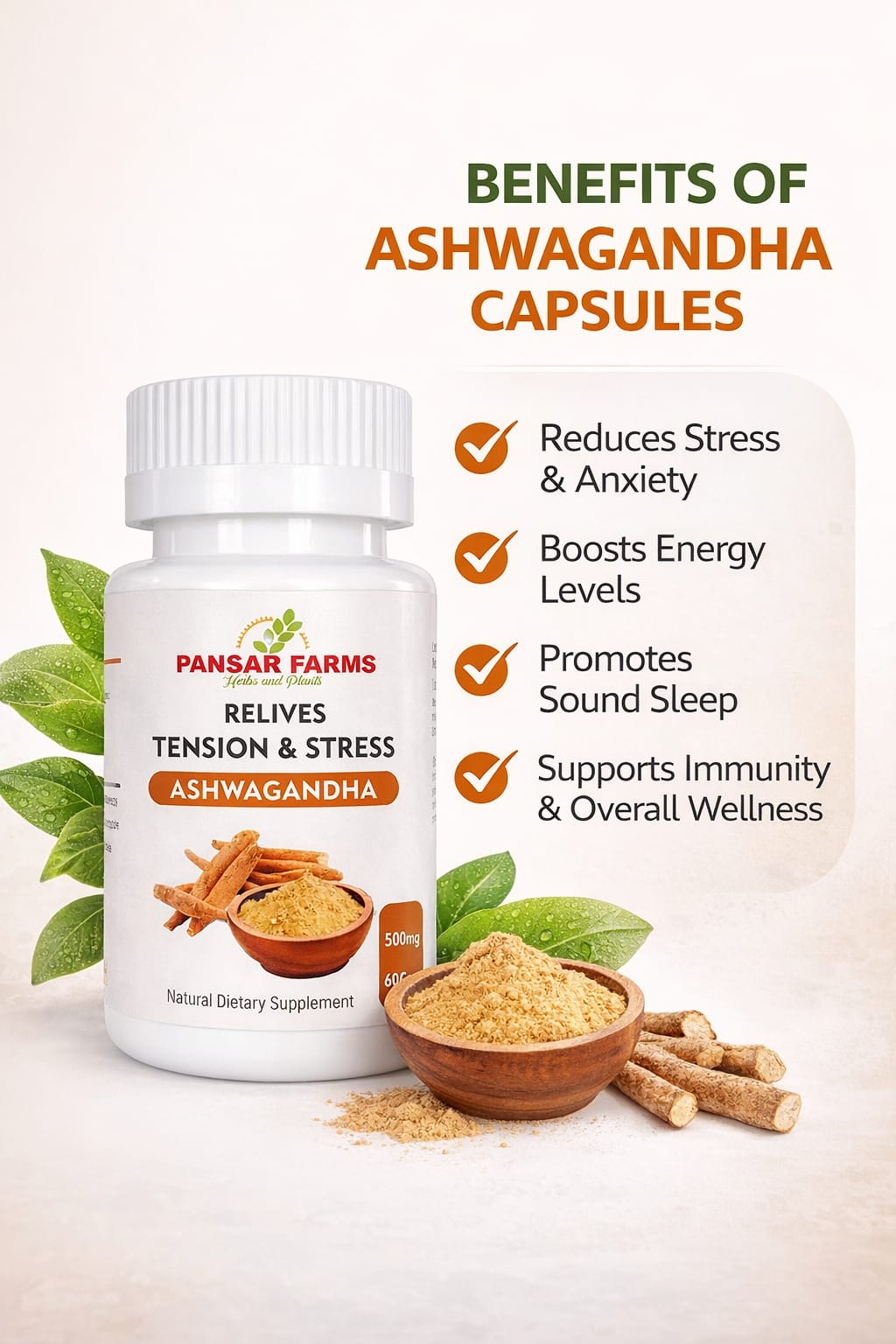Ashwagandha capsules benefits including stress relief energy boost better sleep and immunity