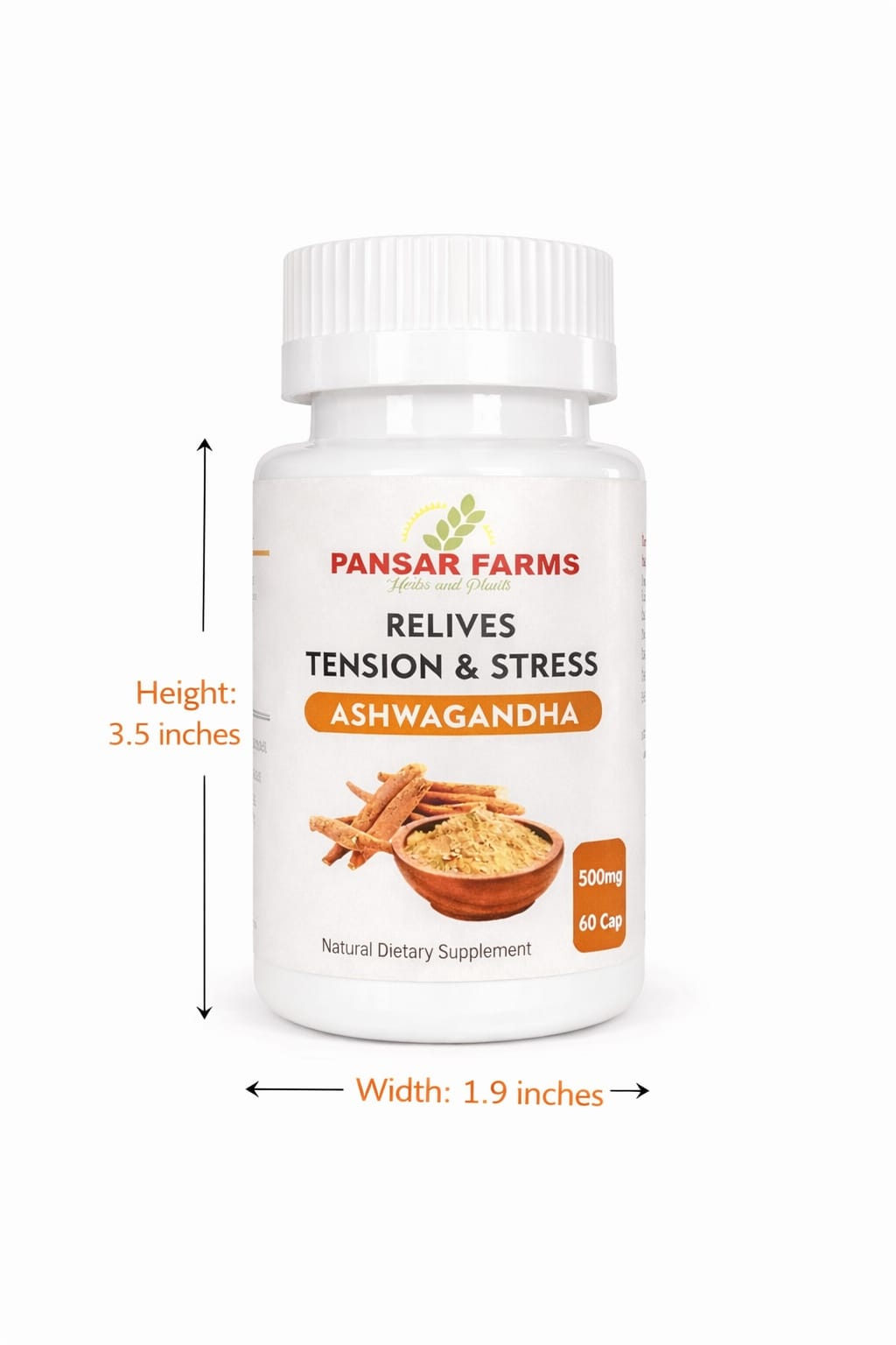 Ashwagandha capsules bottle size 3.5 inch height and 1.9 inch width