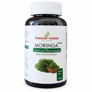 Pansar Farms Moringa Plus Capsules bottle 750mg with turmeric garlic ginger ashwagandha 60 veg caps herbal supplement for immunity energy wellness white background