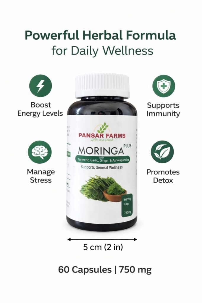 Moringa Plus capsules benefits image showing immunity boost energy support digestion health antioxidant herbal formula with moringa turmeric garlic ginger ashwagandha