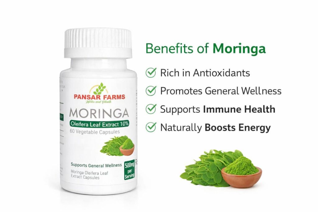 Moringa Oleifera capsules bottle with health benefits including antioxidants, immune support and energy boost
