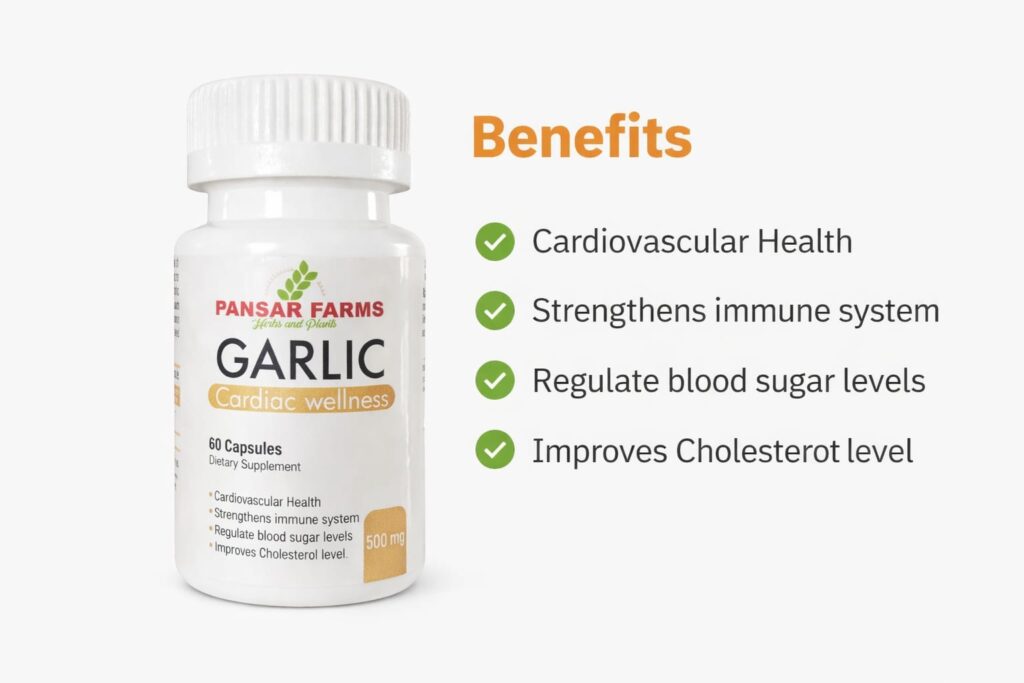 Garlic capsules benefits image showing cardiovascular and immunity support