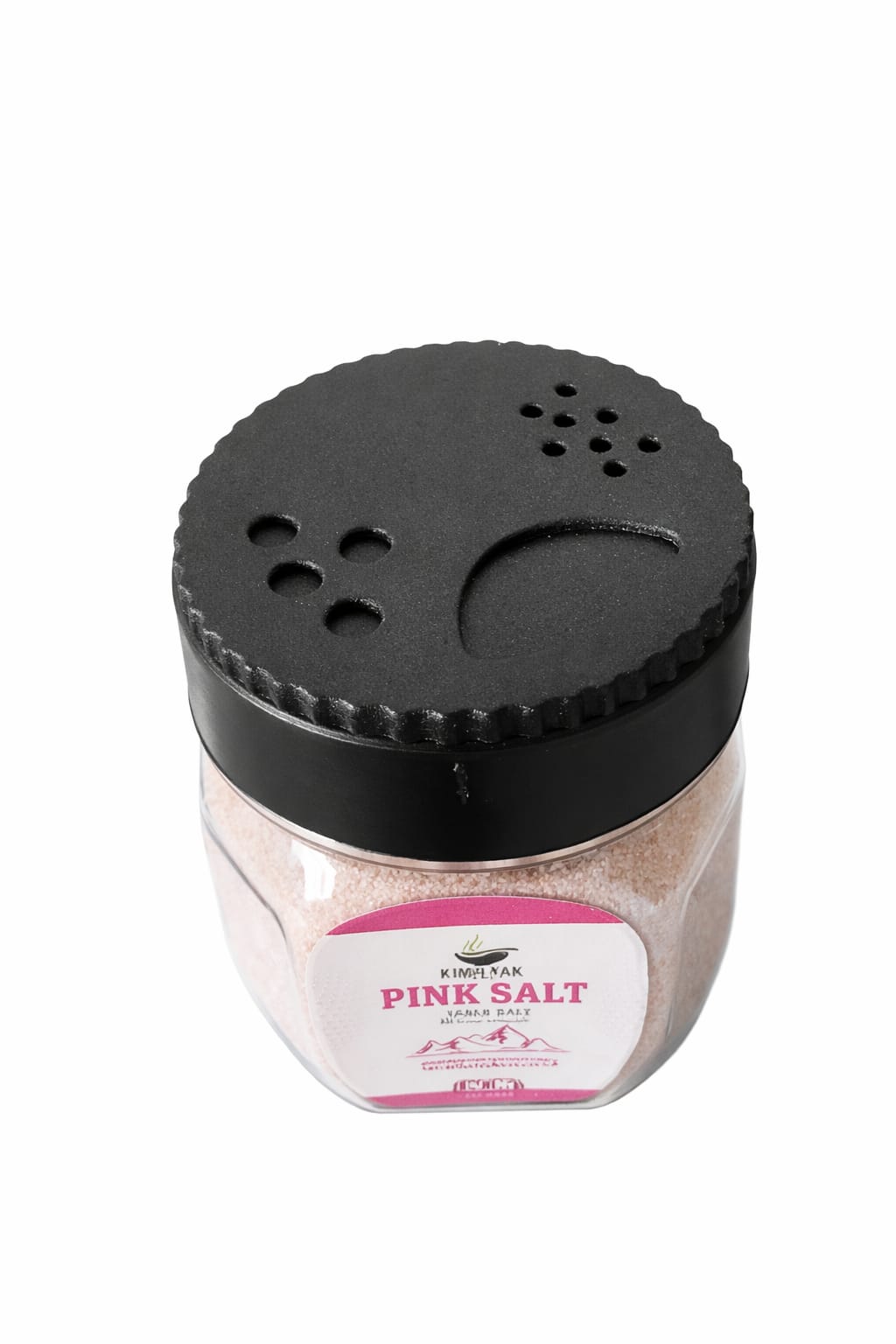 Himalayan pink salt jar top view black lid with sprinkle holes
