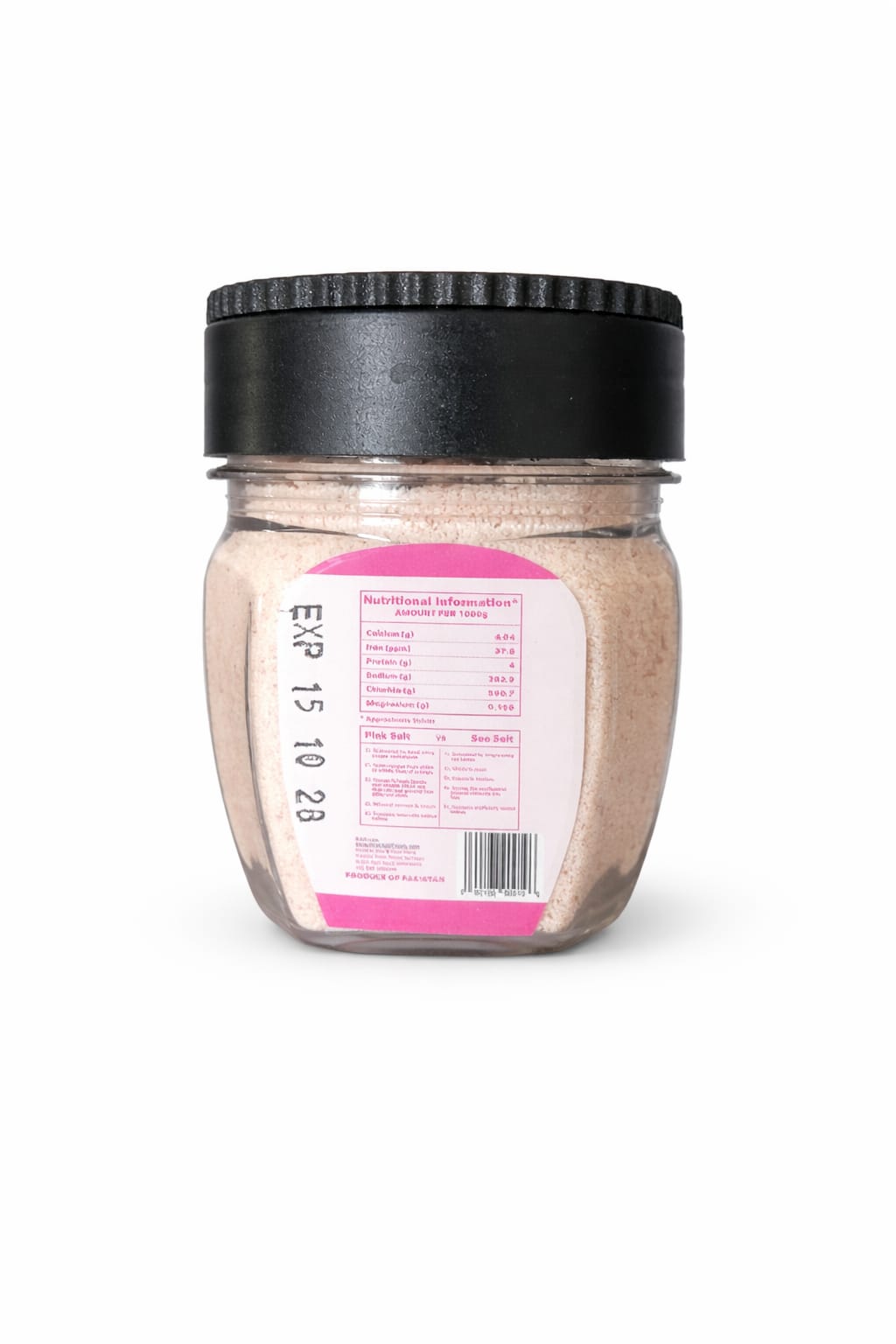 Himalayan pink salt jar back view nutritional information label