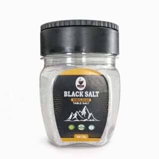 Himalayan black salt jar 100g with black lid on white background