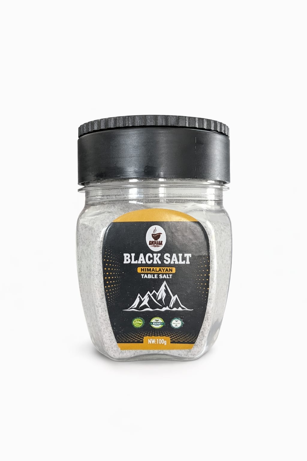 Himalayan black salt jar 100g with black lid on white background