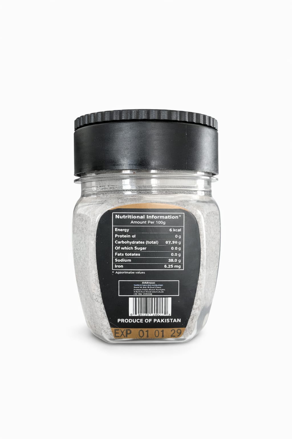 Khoraak Foods black salt jar showing nutritional information and product details