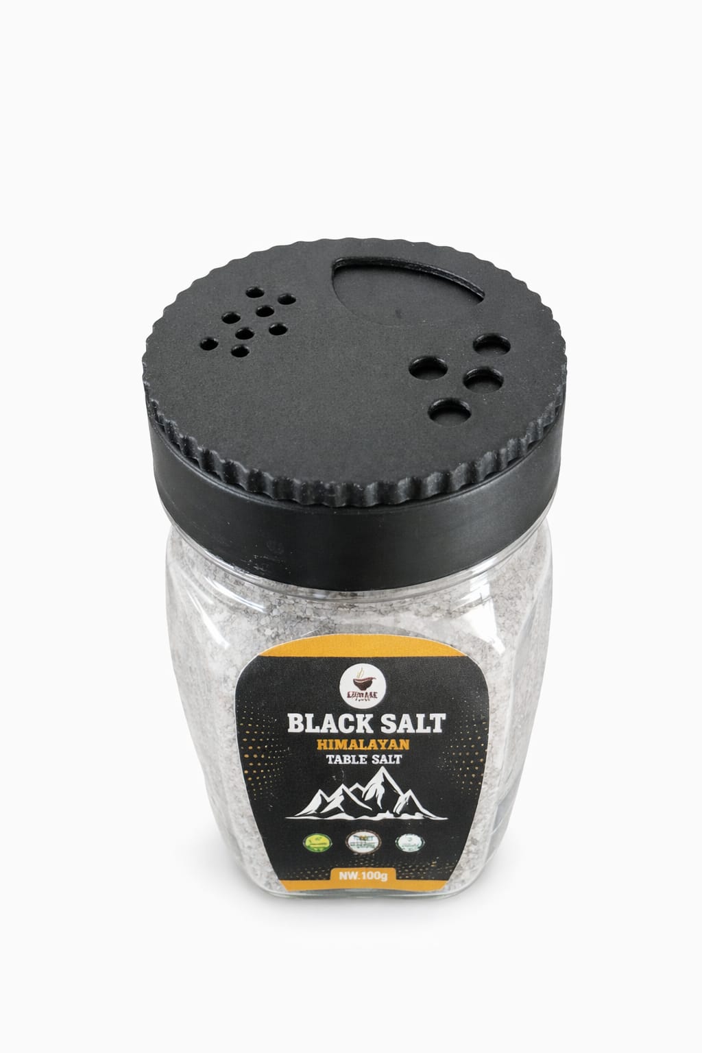 Khoraak Foods black salt jar with shaker cap for easy seasoning