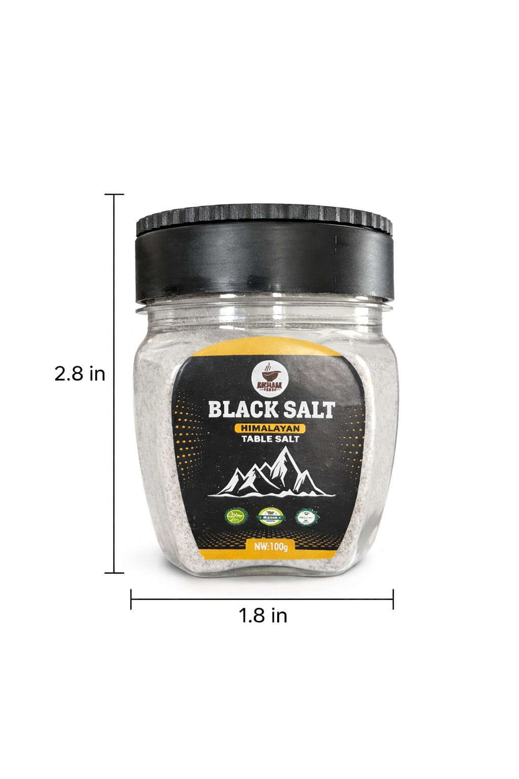 Khoraak Foods black salt jar size 2.8 inch height and 1.8 inch width