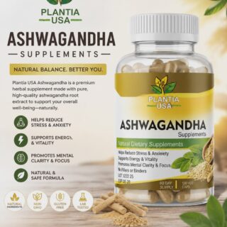 Plantia USA Ashwagandha capsules bottle with natural herbal supplement