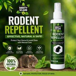 Minty Scare Rodent Repellent Spray bottle with fresh mint leaves, a rat illustration, and highlighted benefits including all-natural ingredients, non-toxic formula, and safe use around humans and pets.