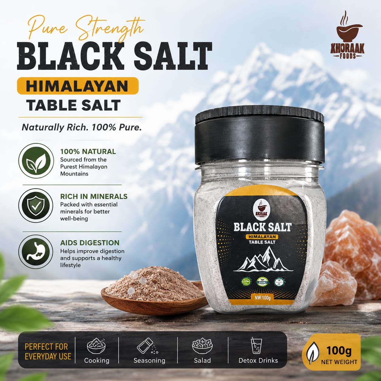 Black Salt 100g | Kala Namak Table Salt with FREE Dispenser Jar | Khoraak Foods
