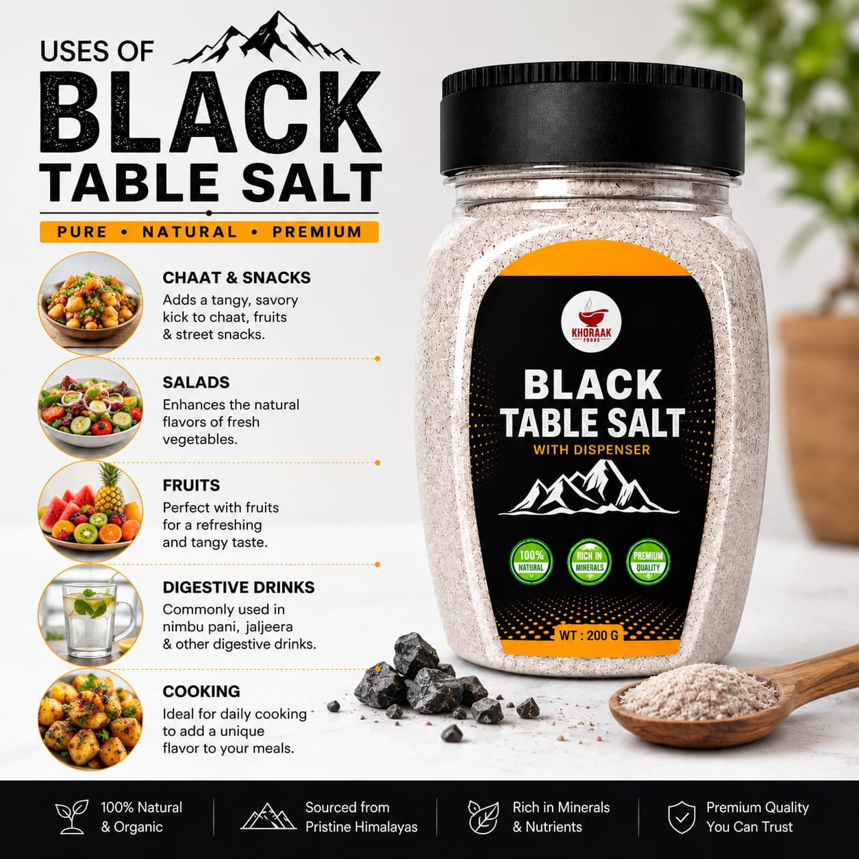 Black Table Salt 200g – Khoraak Foods | Fine Mesh Kala Namak with FREE Dispenser - Image 5