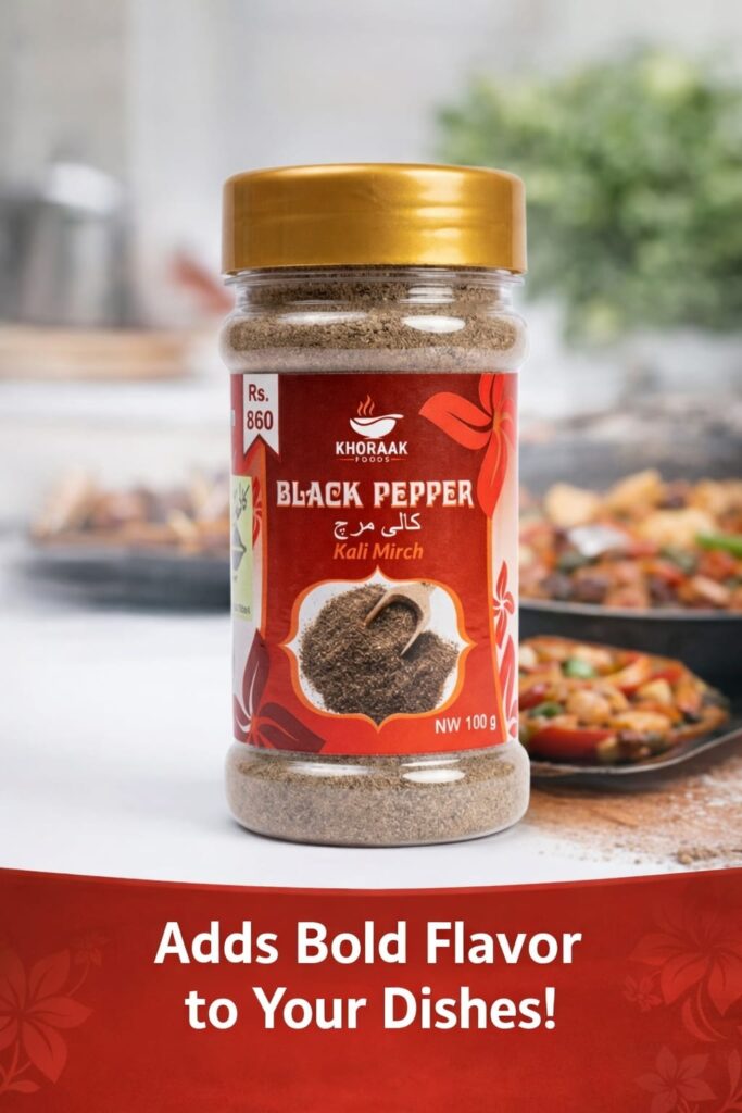 Khoraak Foods black pepper powder jar kitchen background bold flavor spice