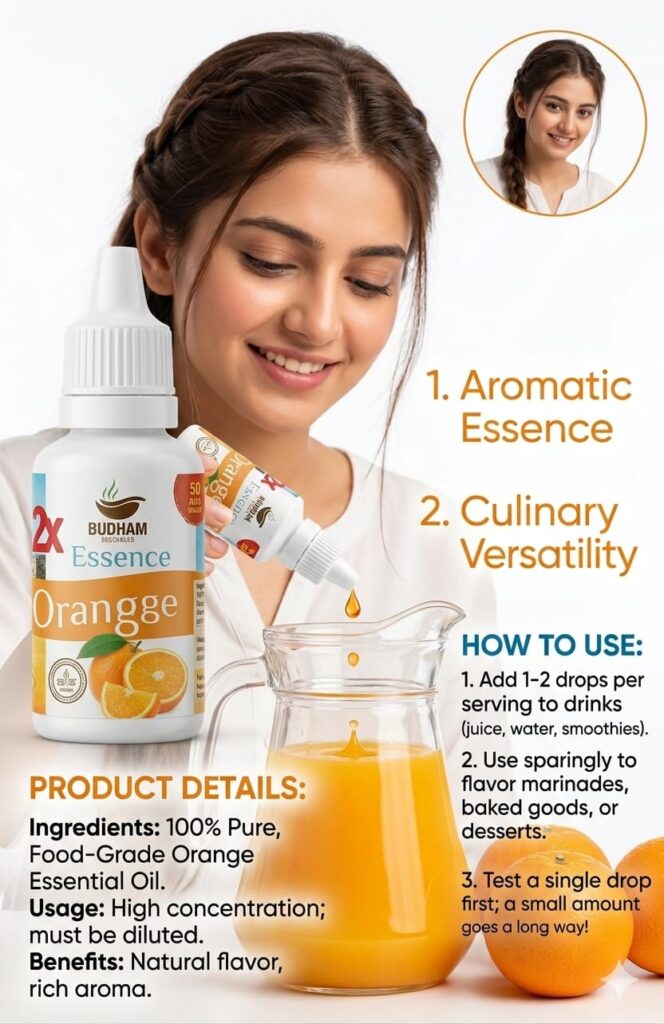 Orange essence used in juices, desserts and drink