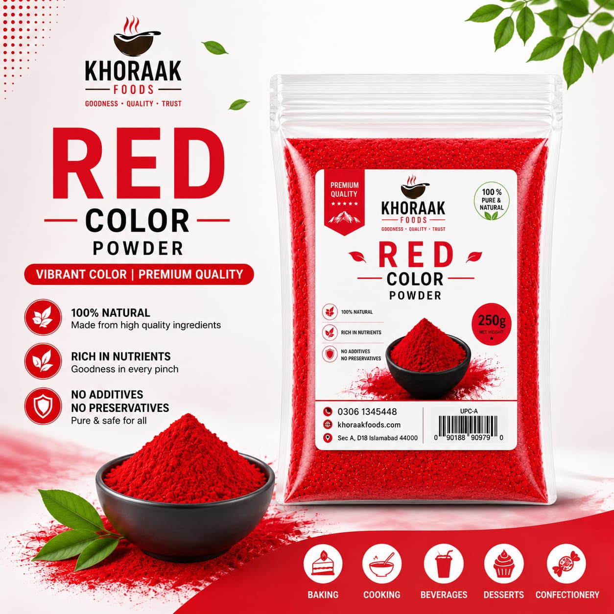 Khoraak Foods Red Food Color Powder 250g Bulk Pack Food Grade Plant-Based Chemical-Free Food Coloring Pakistan