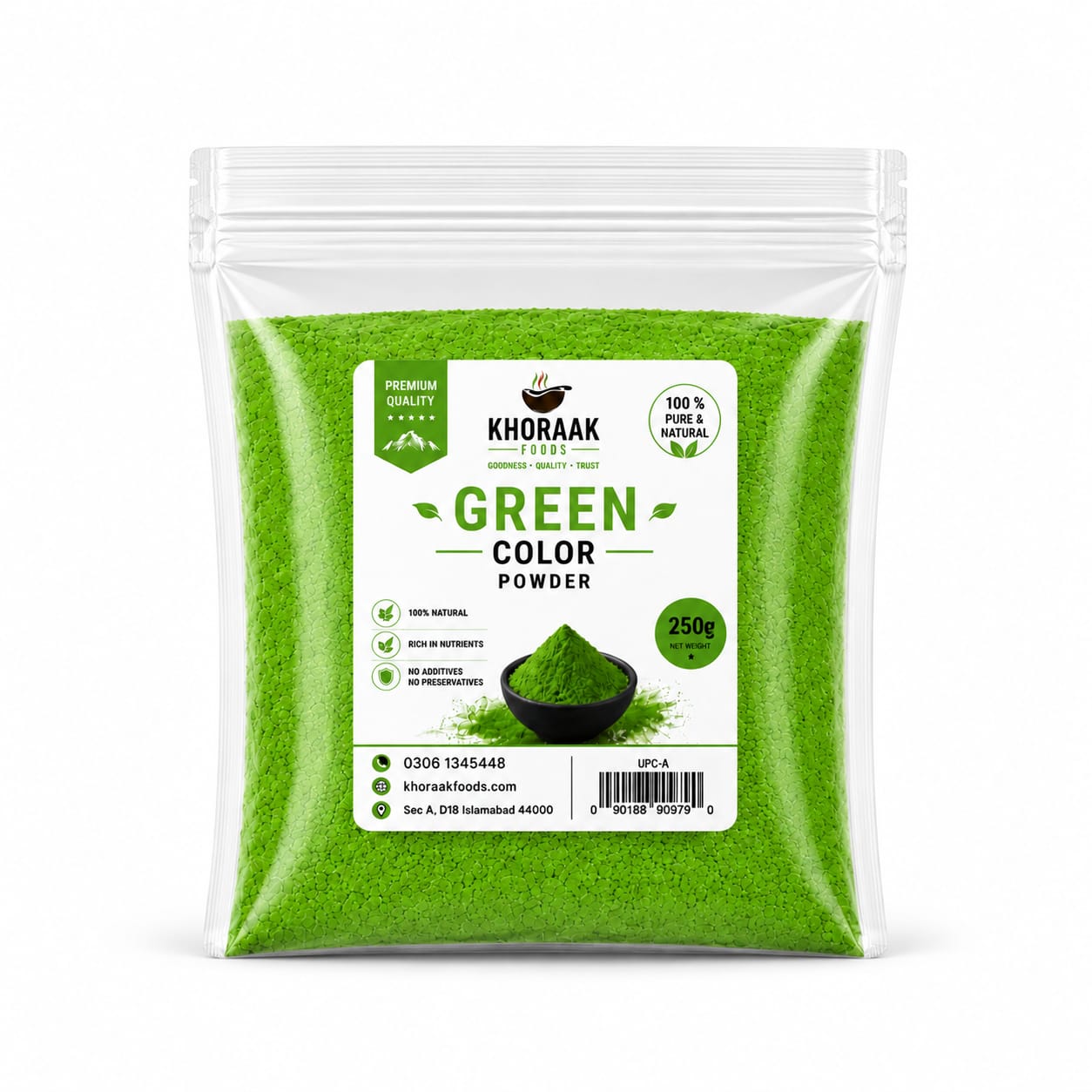 Green Food Color Powder 250g Bulk Pack | Food Grade Natural Plant-Based Color | Khoraak Foods