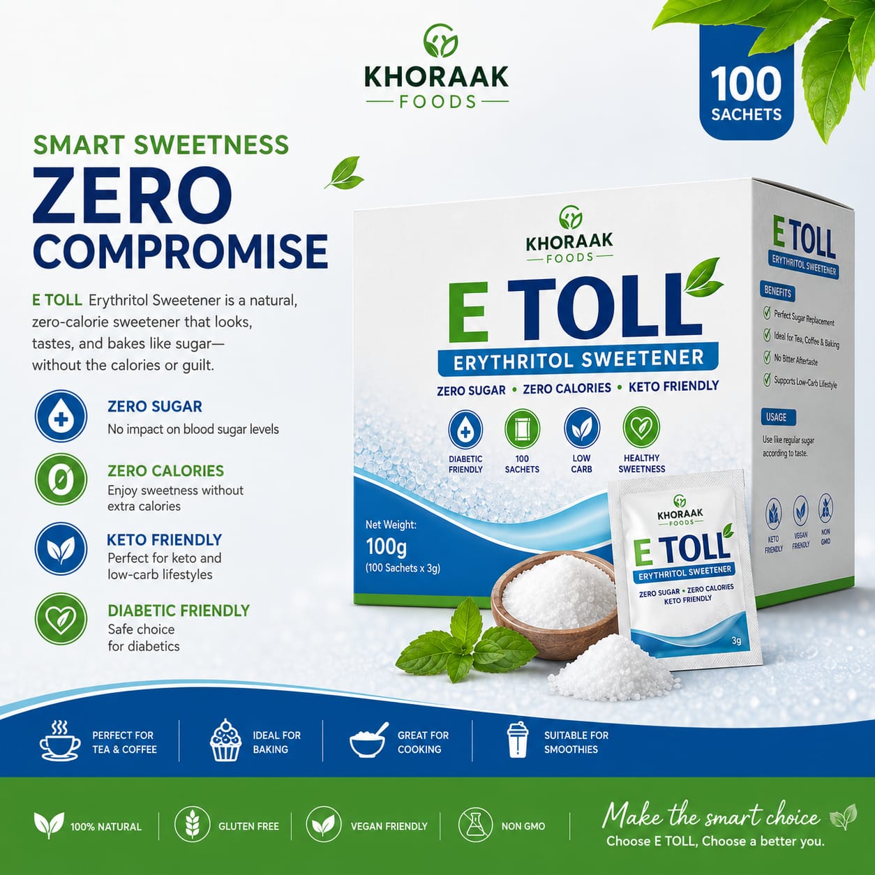 Khoraak Foods E TOLL Erythritol Sweetener 100 Sachets box pack zero sugar sweetener
