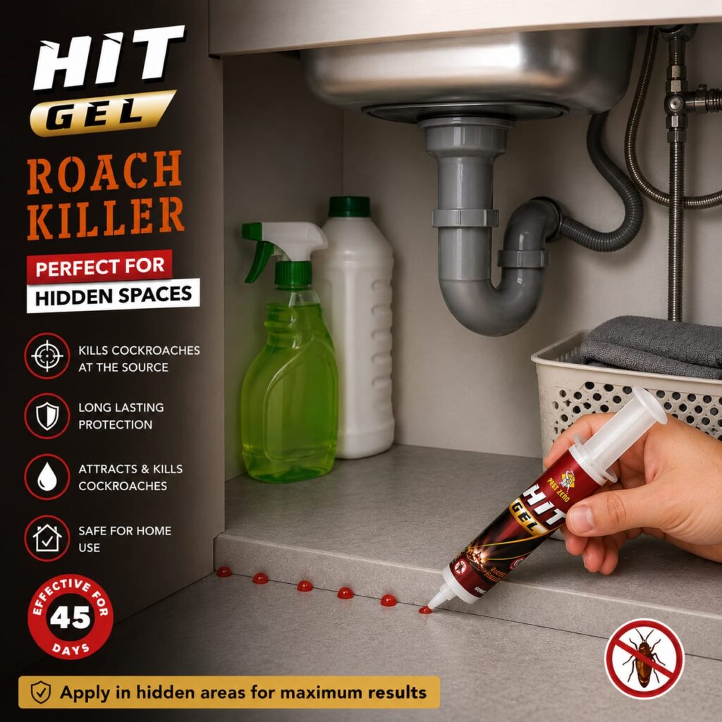 HIT Cockroach Gel applied under kitchen sink for cockroach control