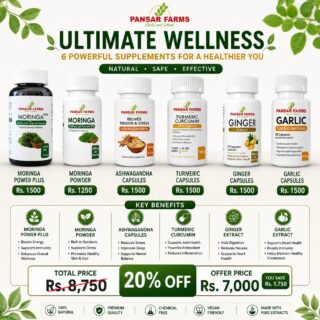 Power your daily wellness with the PANSAR FARMS Ultimate Wellness Collection. Featuring Moringa Power Plus, Moringa Powder, Ashwagandha, Turmeric Curcumin, Ginger Extract, and Garlic Capsules in one complete collection. Save 20% and enjoy premium herbal supplements for overall health and vitality.
