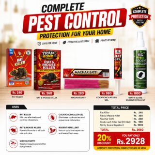 Complete Pest Control Combo featuring Rat Killer, Rat & Mouse Killer, Hit Gel Cockroach Killer, Machar Batti, and Minty Scare Rodent Repellent for effective home pest protection.
