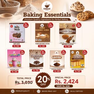 Khoraak Foods Premium Baking Essentials Bundle featuring cocoa powder, chocolate chips, baking powder, baking soda, brown sugar, sprinkles, and chocolate nibs