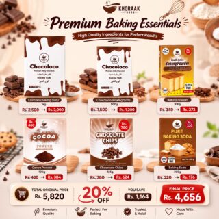 Khoraak Foods Premium Baking Essentials Collection featuring Chocoloco Chocolate Slabs, Cocoa Powder, Chocolate Chips, Baking Powder, and Baking Soda.