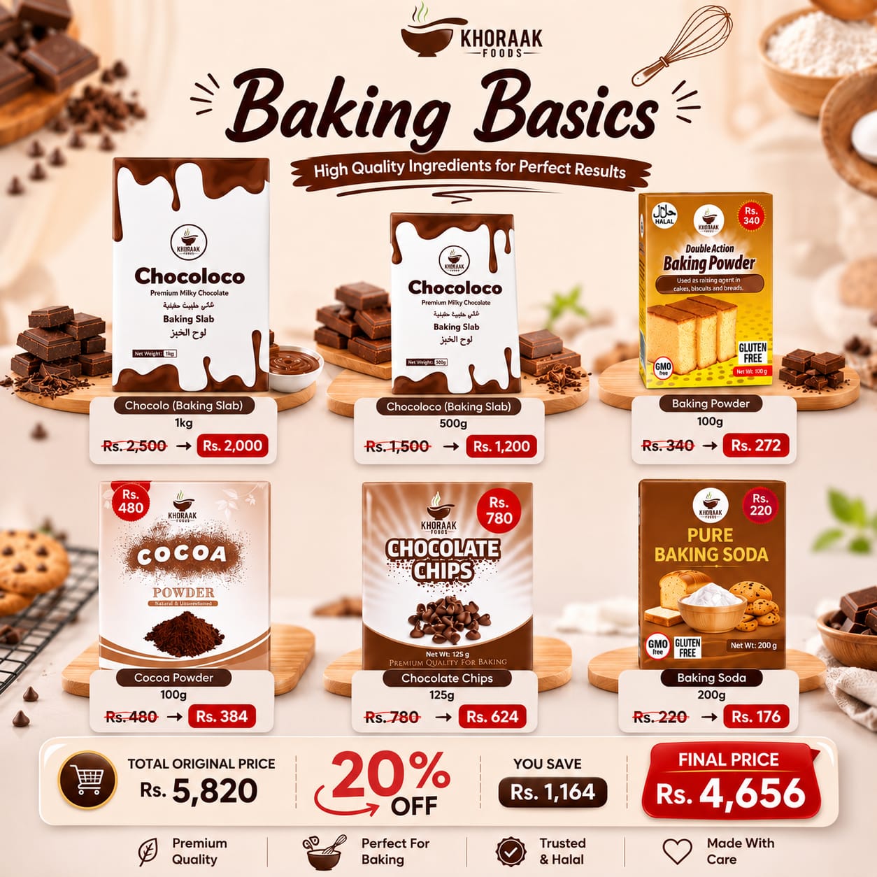 Khoraak Foods premium baking essentials bundle featuring Chocoloco Baking Slabs, Baking Powder, Cocoa Powder, Chocolate Chips, and Baking Soda.