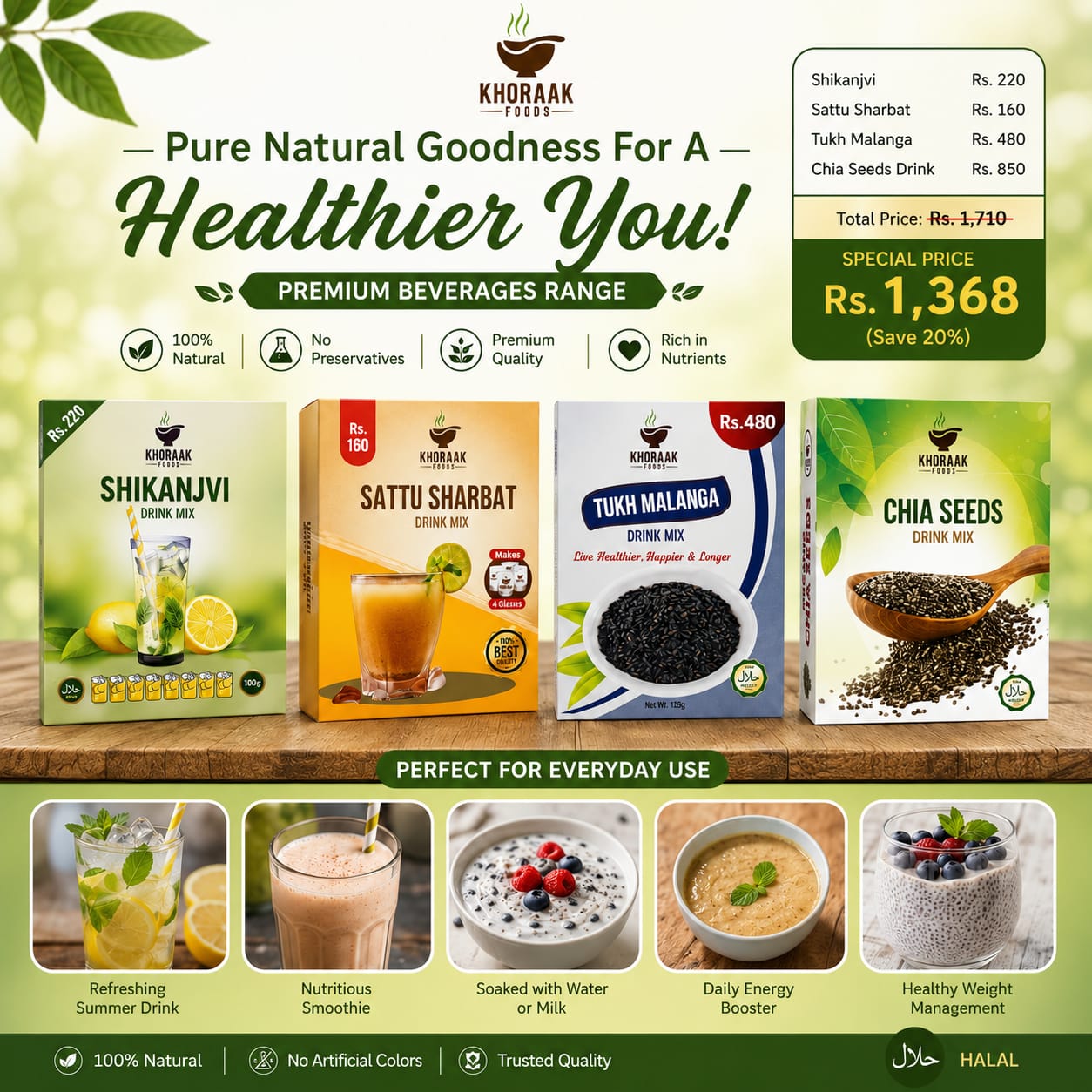 Khoraak Foods premium beverages collection featuring Shikanjvi Drink Mix, Sattu Sharbat Drink Mix, Tukh Malanga Drink Mix, and Chia Seeds Drink Mix.
