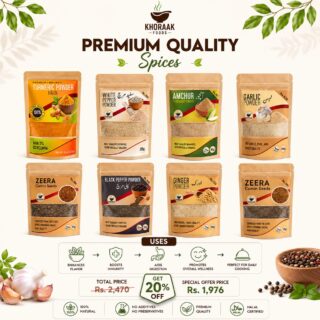 Khoraak Foods Premium Spice Collection Combo with Turmeric, Ginger, Garlic, Black Pepper, White Pepper, Amchur and Zeera
