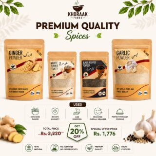 Khoraak Foods Premium Quality Spices Combo featuring Ginger Powder, Garlic Powder, White Pepper Powder, and Black Pepper Powder.