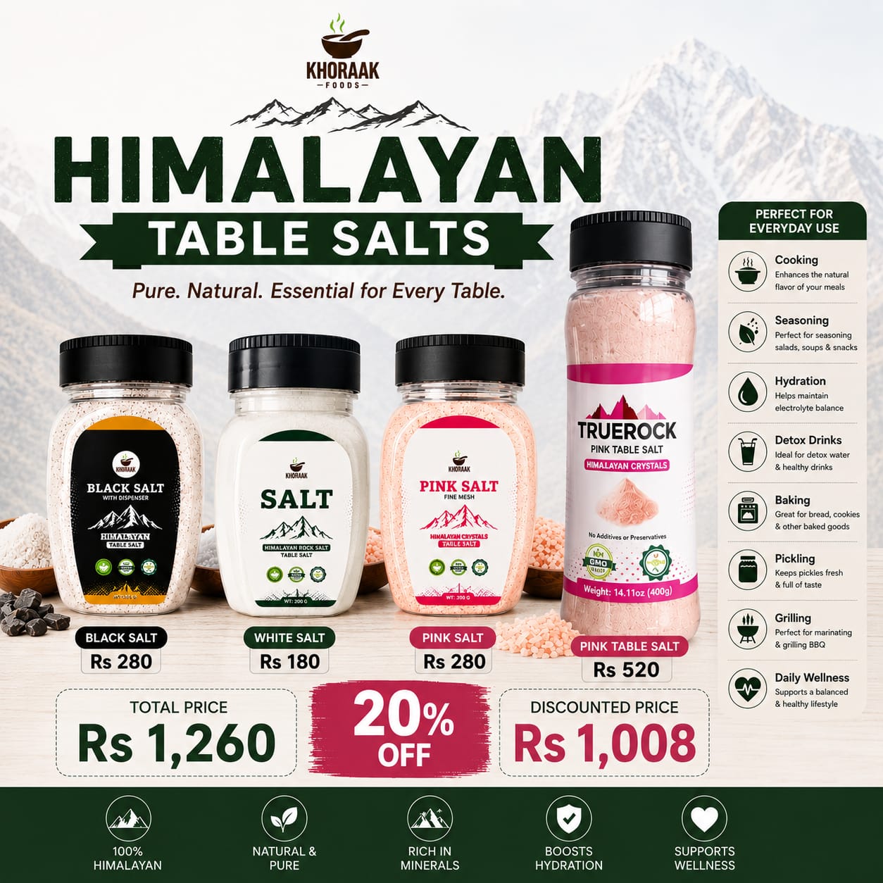 Khoraak Foods Himalayan Table Salts collection featuring Black , White and Pink Salt with FREE dispensers